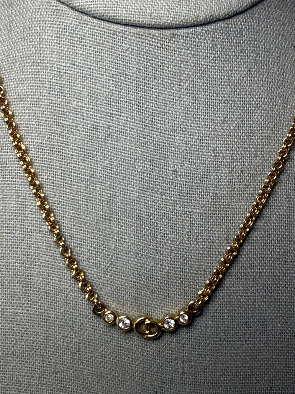 Christian Dior CD Logo Rhinestone Gold Tone Necklace Vintage Dior Chain - Picture 2 of 4